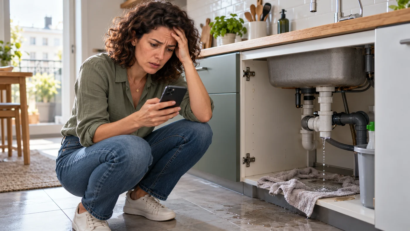 Une femme inquiète cherche un plombier sur son téléphone, près d’une fuite sous son évier. Illustration générée.