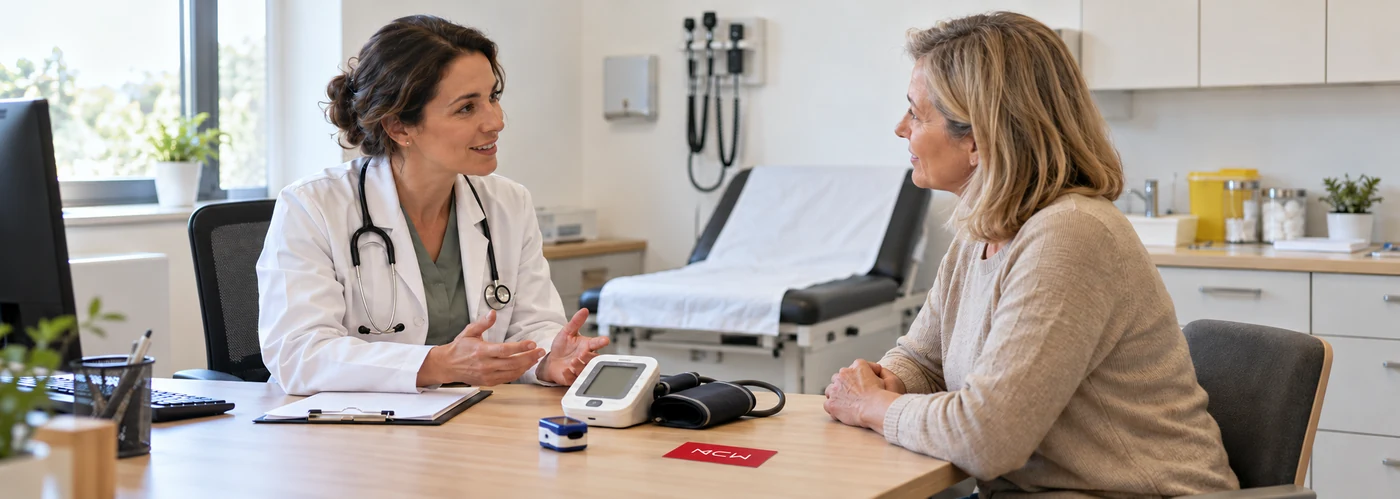 Médecin en consultation avec une patiente, matériel médical et carte de visite MCW sur le bureau. Illustration générée.