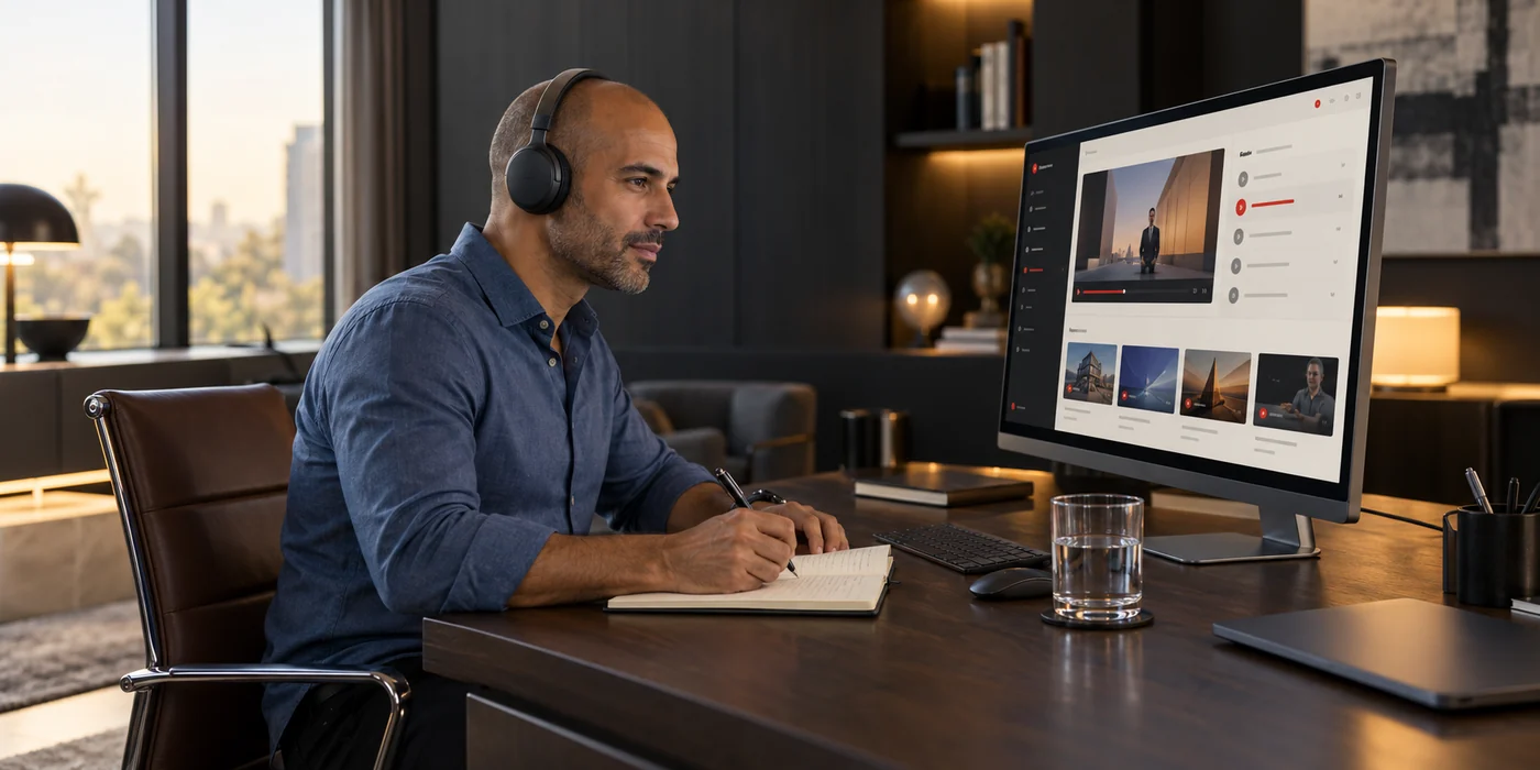 Un professionnel suit une formation en ligne avec un casque, dans un bureau contemporain. Illustration générée.