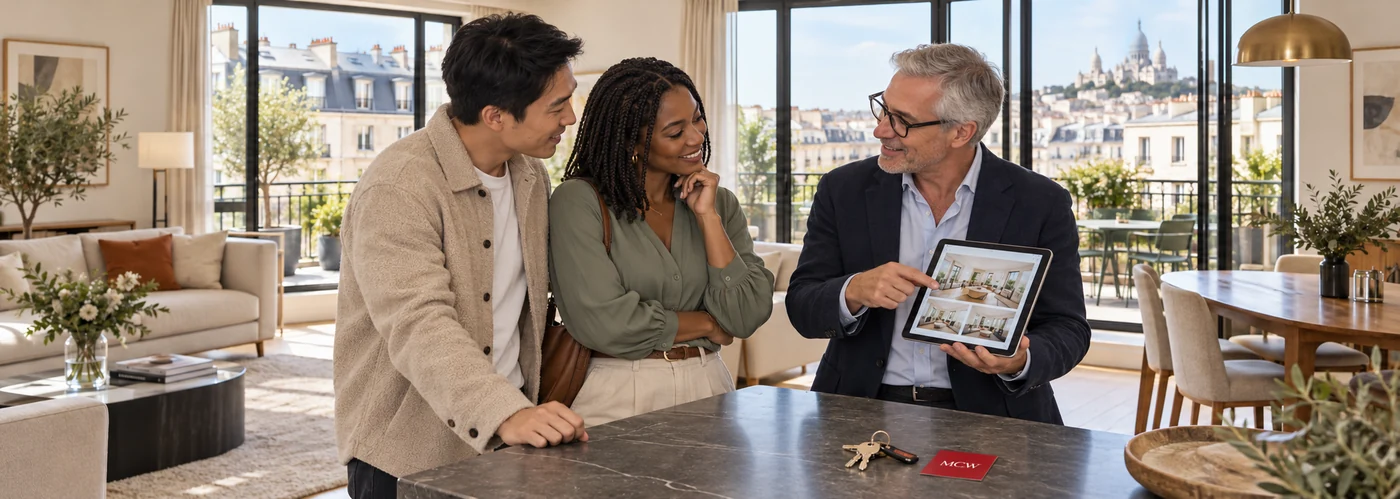 Un agent immobilier aux cheveux gris présente un appartement à deux visiteurs, avec des photos du bien sur une tablette. Illustration générée.