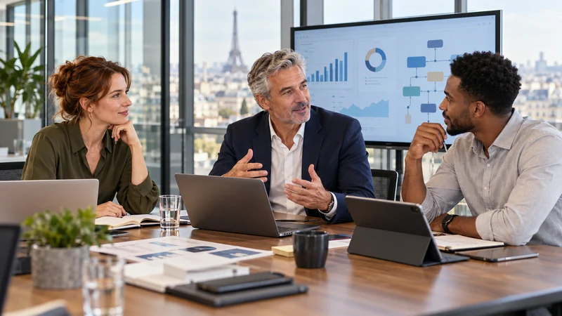 Équipe en entreprise réunie autour d’un projet IA. Illustration générée.