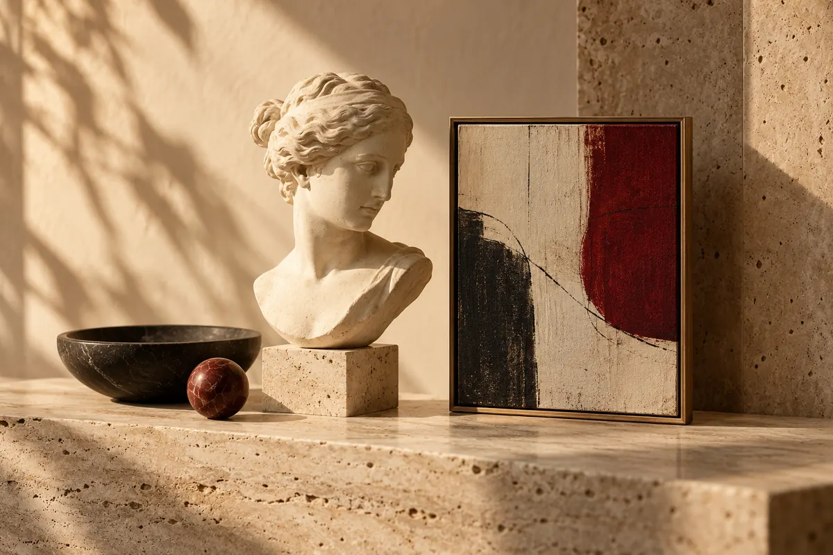 Sculpture et œuvre abstraite dans un décor de galerie