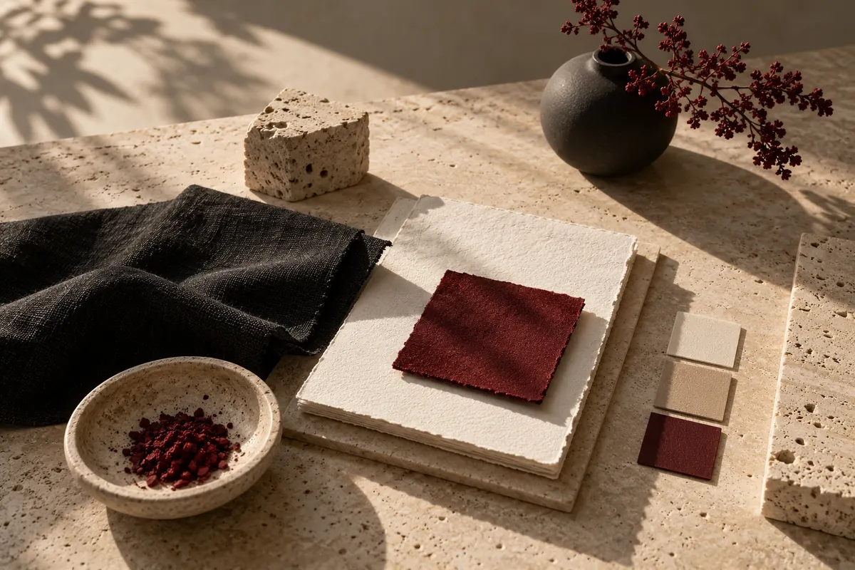 Palette de matières et échantillons bordeaux
