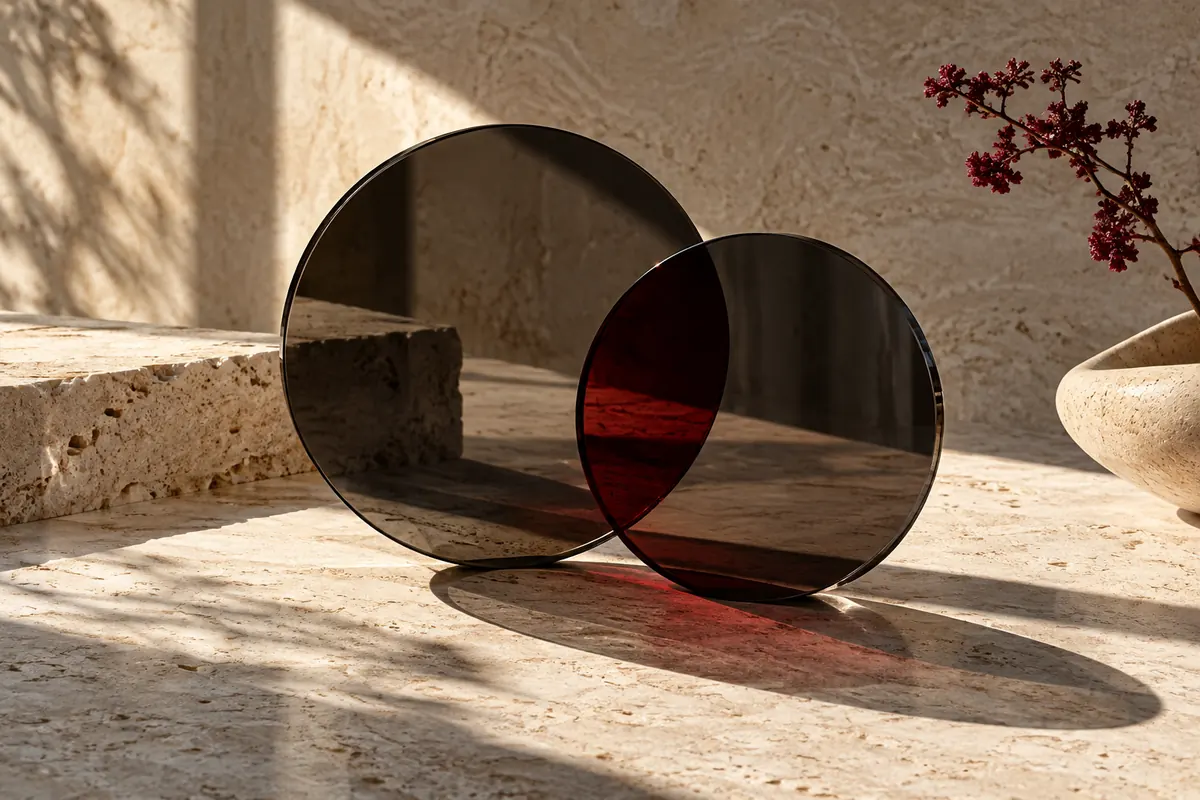 Disques de verre sombre et reflet rouge