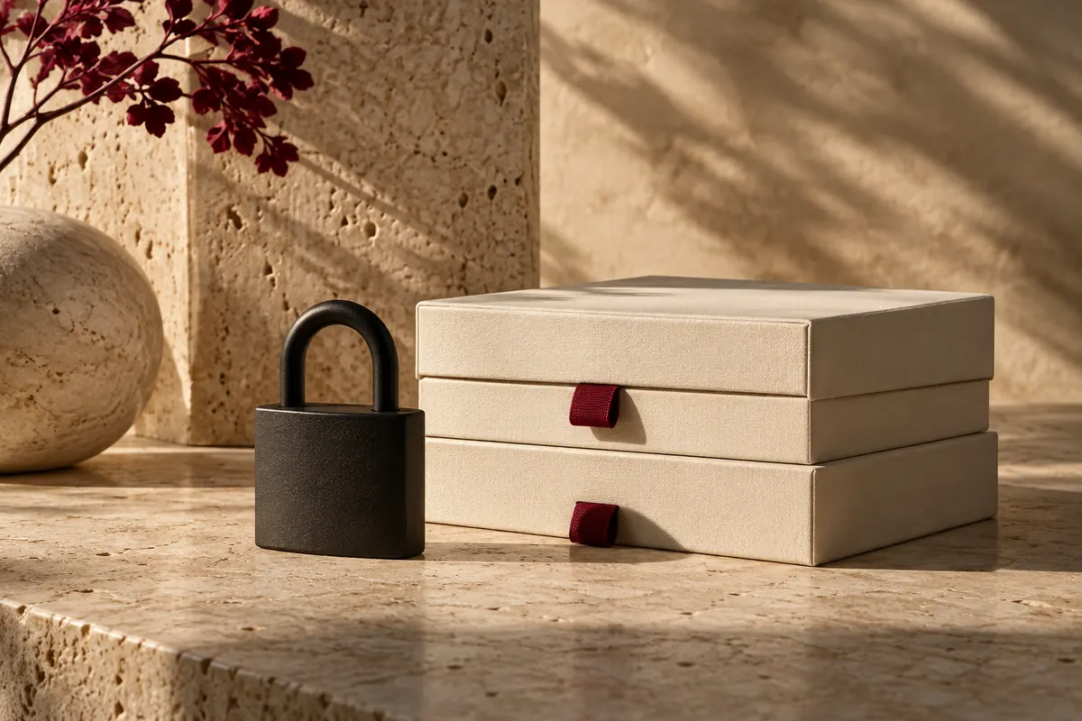 Cadenas noir et boîtes d’archivage ivoire