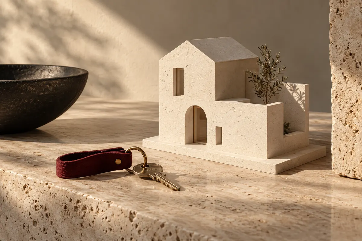 Maquette de maison et clé sur pierre claire