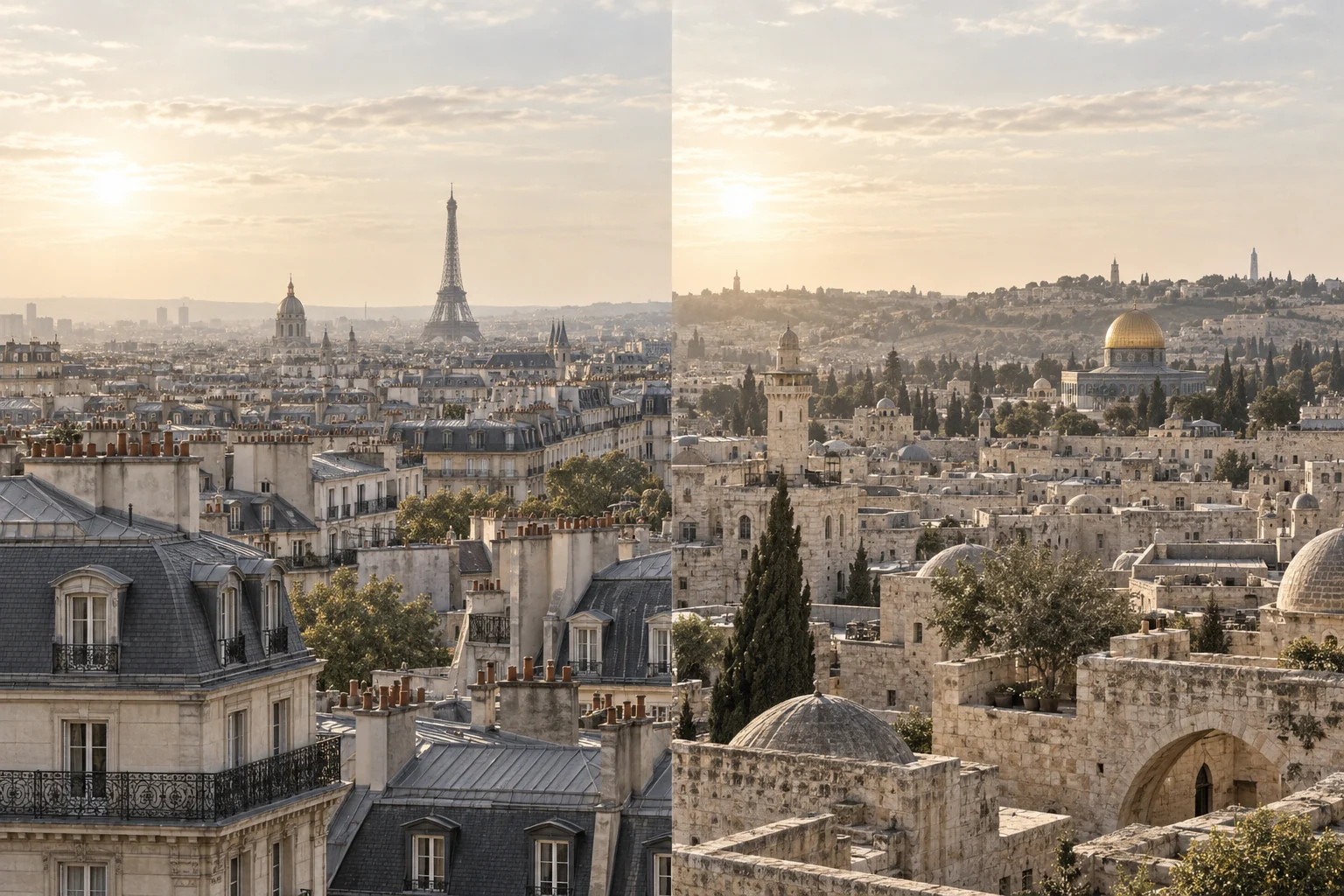 Composition éditoriale réunissant les toits de Paris et la pierre de Jérusalem