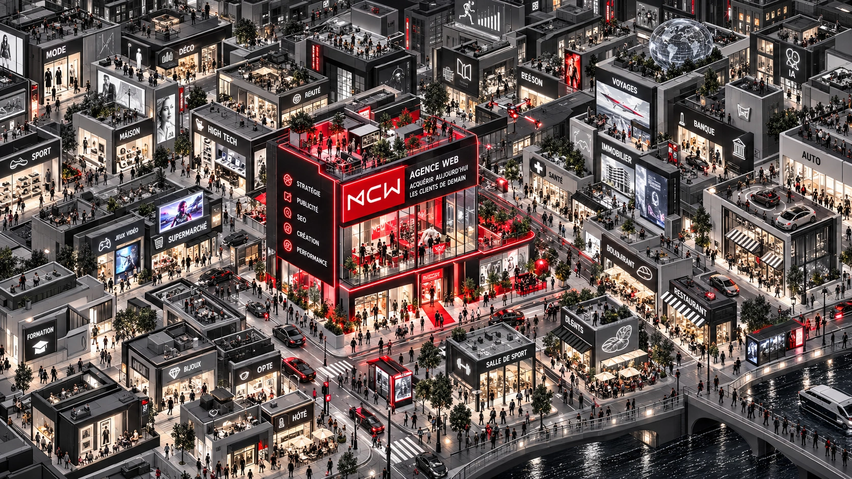 Illustration d’une ville commerçante animée, avec MCW au centre et des commerces de nombreux secteurs.