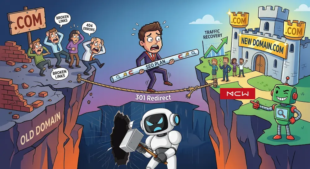 Illustration humoristique montrant les risques SEO d'un changement de nom de domaine sans plan de redirection